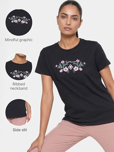 Image of Enamor Athleisure Relaxed Fit Short Sleeve Round Neck Antimicrobial Finish Breathable Stretch Cotton Activewear Sports Tshirt for Women - A301