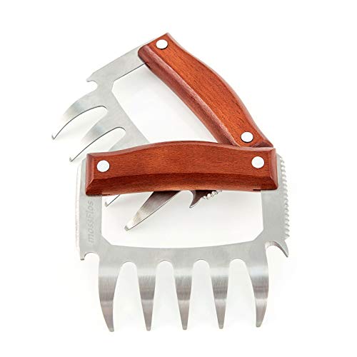 mossFlos BBQ Claws, 5 in 1 Meat Shredder Claws - Wood Handle & Stainless Steel, Heat Resistant, Easily Lift, Essential for BBQ Pros - for Handle, Shred and Cut Meats