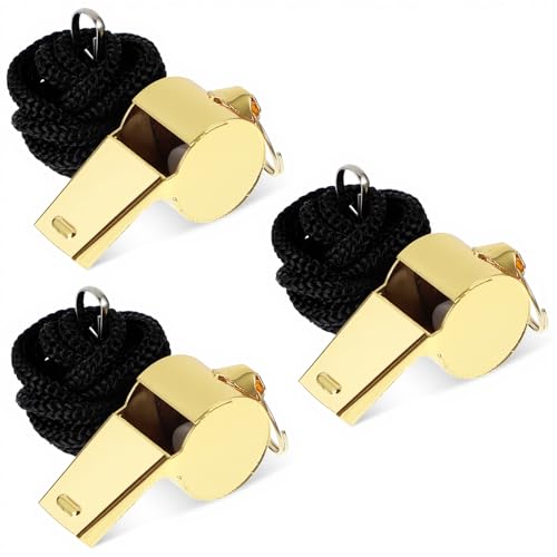 ValueBargain 3Pcs Gold Whistle, Whistle for Coaches Football Coach Whistles with Lanyard, Loud Crisp Sound & Durable Metal for Coach Referees Football Basketball Soccer Lifeguard Emergency