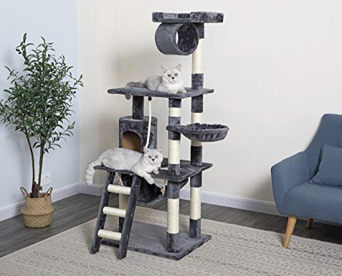 Go Pet Club 62" Classic Cat Tree Kitty Tower Kitten Condo Scratcher for Indoor Cats with Sisal Posts, Condo, Ladder, Soft Perch, Hammock, Basket Bed, and Tunnel Cat Activity Center Furniture, Gray