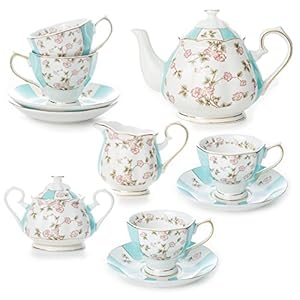 Fine China 15-Piece Coffee Cup/Tea Cup Set,1 Teapot 1 Sugar Bowl 1 Cream Pitcher, 4 Cups And Saucers,4 Teaspoons Garden Series White-Blue (15 pack)