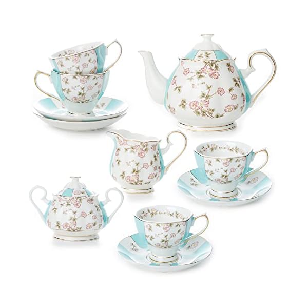 Fine China 15-Piece Coffee Cup/Tea Cup Set,1 Teapot 1 Sugar Bowl 1 Cream Pitcher, 4 Cups And Saucers,4 Teaspoons Garden Series White-Blue (15 pack)
