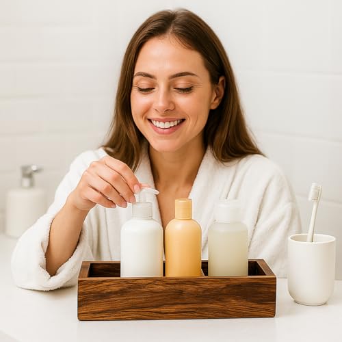 Image of HusNain Wooden Bathroom Tray with 3 Compartments Multipurpose Kitchen Countertop Organizer, Soap Dish, Candles & Accessories Vanity for Bathroom Sink (3 Compartment)