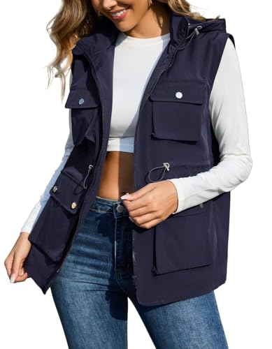 PESION Womens Packable Military Utility Vests Outerwear Waterproof Windbreaker Jacket Cargo Vest with Removable Hood