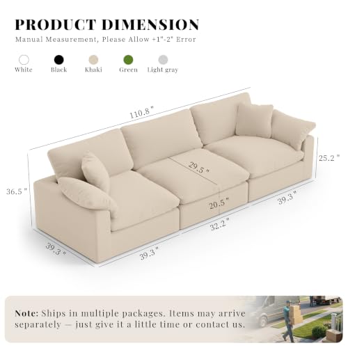 Image of Modular Cloud Sofa,Convertible 3-Seater Set,Extra Deep Seat Down Filled Seat,Washable & Replaceable Cushion Covers for Living Room,Apartment,Khaki
