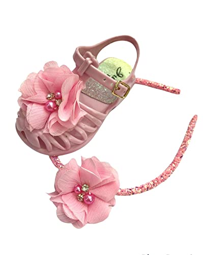 Sandália Infantil Feminina Bebê Flor Pérola Com Tiara Glitter