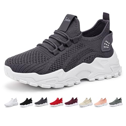 Tenis cómodos y transpirables para mujer, de malla, ligeros, para correr, caminar, gimnasio, viajes, sin cordones, a la moda, gris oscuro, 44 EU