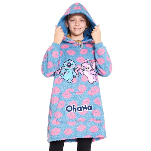 Disney Stitch Fleece Hoodie Blanket for Kids and Teenagers - One Size Fluffy Oversized Hoodie - Stitch Gifts (Blue Stitch/Angel)