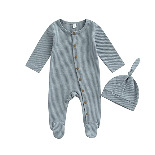 Newborn Infant Baby Boy Girl Fall Winter Clothes Long Sleeve Button Waffle Knit Footed Romper Hat 2Pcs Outfit