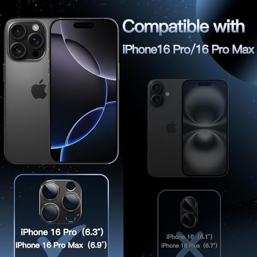 Image of Tempered Glass Camera Lens Protector for iPhone 16 Pro /iPhone 16 Pro Max - Alloy Metal Cover with Tempered Glass - Scratch Resistant, Easy Installation (Black)