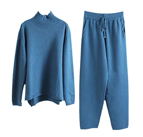 Pull col roulé et pantalon carotte bleu ensemble tricot homewear cocooning