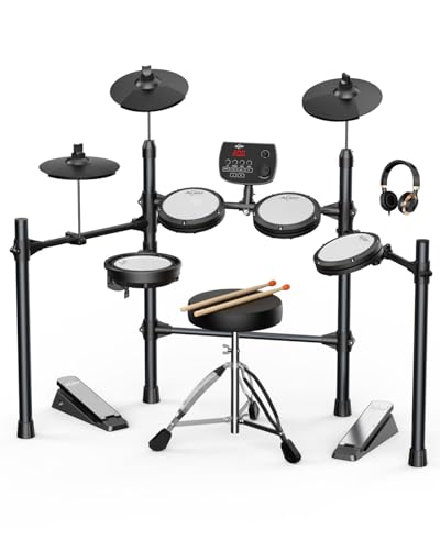 AiJoy Electric Drum Set with Quiet Mesh Pads, 5 Drums, 3 Cymbals, Dual-Zone Snare, USB MIDI, Intelligent Sound Module, Drum Throne, Headphones, Sticks, 25 Kits & 195+ Sounds for Beginners & Adults