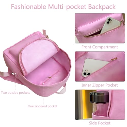 Nylon Backpack for Kids Teen Girls Boys, Waterproof Plain Bookbag Preppy School Bag Lightweight Travel Backpacks with Gold Zipper 15", Pink2