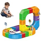 Clickrail Electric Train Set Flexible Race Trac, 3D Embedded Rail Eisenbahn Gleisbausatz, Anti Schwerkraft Verbindungsschienen Elektrozug, Magnetische Blöcke & Motorisiertem Zug (51Pcs)