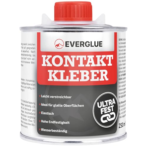 Everglue Kontaktkleber in der Dose mit integriertem Pinsel ist wasserfest, extra stark und elastisch - klebt Schuhsohlen, Leder, Metall, auch geeignet für Schlauchboote und LKW-Planen (250g)