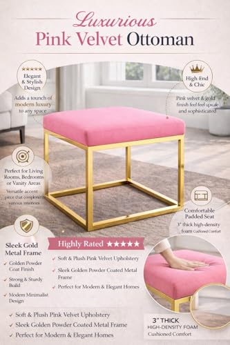 Image of Square Metal Ottoman /Sitting Stool /Living Room Furniture /Office, Velvet Footstool /Footrest Pouffes Home Decor (Set of 2 Pink) - 30.48 Cm, 38 Cm