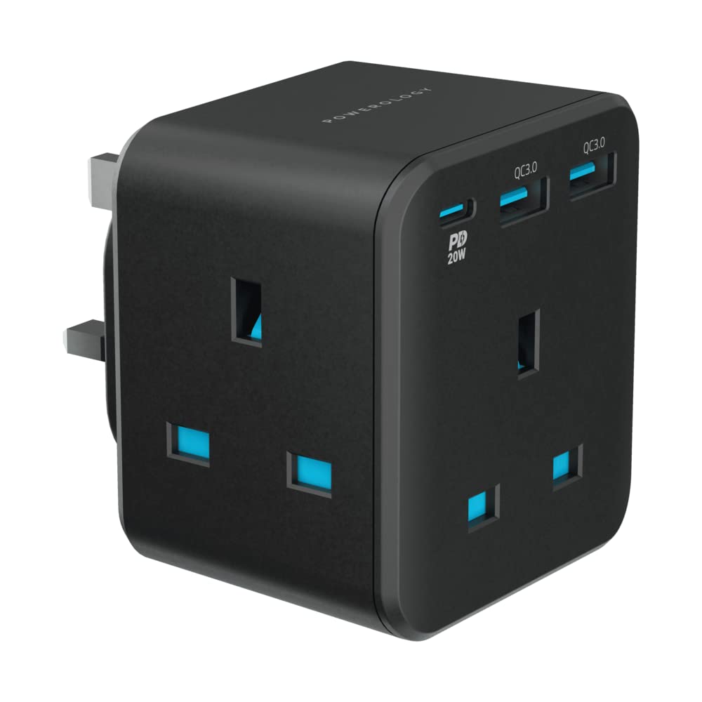 Powerology 3-Outlet Wall Socket With Fast Charging USB, Compact and Convenient, UK Outlet Adapter, Perfect Charging Station at Home, Office, School etc. - Black