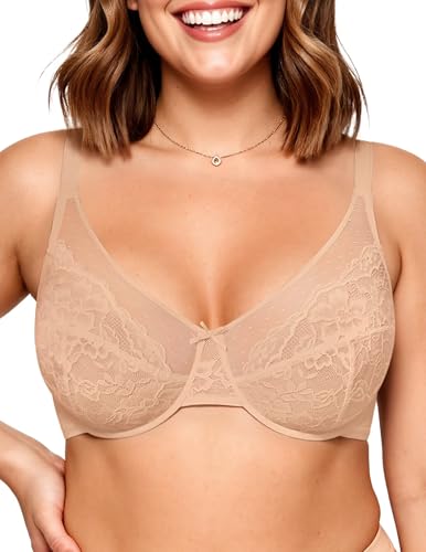 Vertvie Minimizer Bras for Women Full Coverage Underwire Supportive Bra Plus Size Lift Unlined Lace Bralette for Large Bust(Nude,36DD)