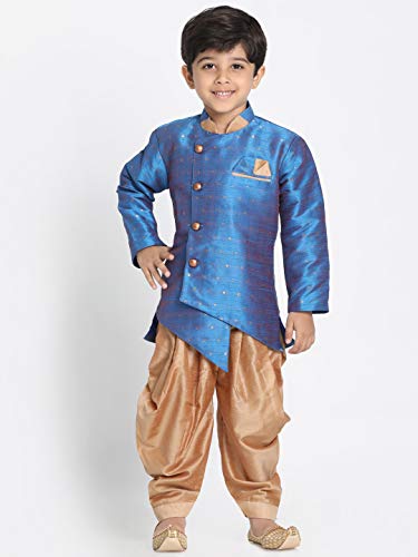 Image of JBN Creation Boys' Deep Firoja and Rose Gold Silk Blend Sherwani and Dhoti Pant Set JBNBIW014AQnCDRG 30