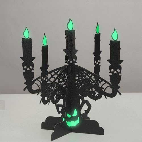 Sunnychicc 2 Sets Halloween Candelabra Centerpiece with Glow Blue Flames 3D Skull Bat Candelabra Decoration Spooky Black Halloween Candlestick Holders Decoration