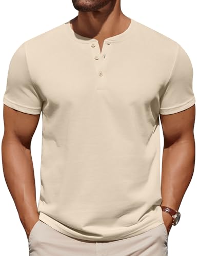 COOFANDY Herren T-Shirts Henley Shirt Kurzarm Basic T Shirt mit Knopfleiste 63% Baumwolle 37% Polyester Beige XL