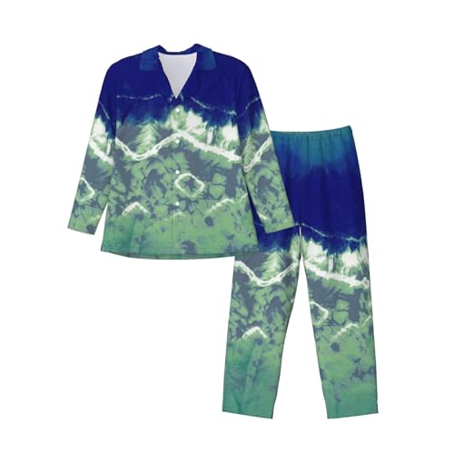 Blue And Green Tie-Dye Mens Pajamas Set Button Down Sleepwear Set Long Sleeve Loungewear With Pockets3