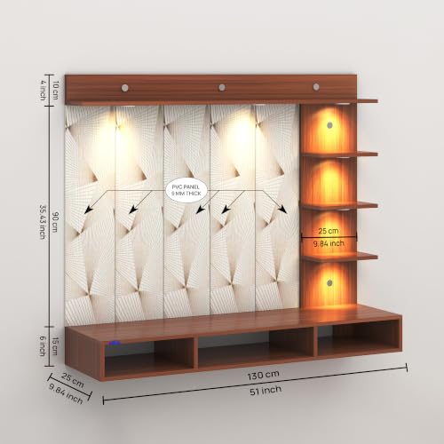 Image of Anikaa Tyron Engineered Wood Wall-Mount TV Unit with PVC Back Panel & LED Lights | TV Cabinet with Storage Box & Decorative Shelves (Walnut) | Ideal for TVs up to 43 Inch | DIY Installation