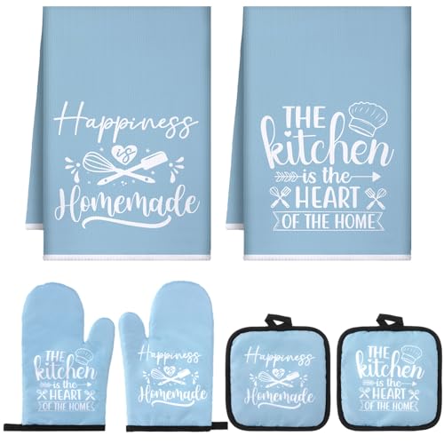 Sratte 6 Pcs Kitchen Decor Accessories Set Farmhouse Towels Pot Holders Oven Mitts Set 2 Dish Towels 2 Potholders 2 Cooking Mittens Oven Glove for Christmas Baking Cooking Supply(Light Blue,Kitchen)