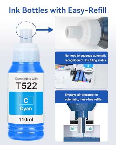 Image of 522 High Capacity Ink Refill Bottle (6-Bottles) Replacement for Epson 522 Ink Works with EcoTank ET-2800 ET-2400 ET-2720 ET-2803 ET-2840 ET-4700 ET-4800 ET-4810 660ml Total Black and Color Combo