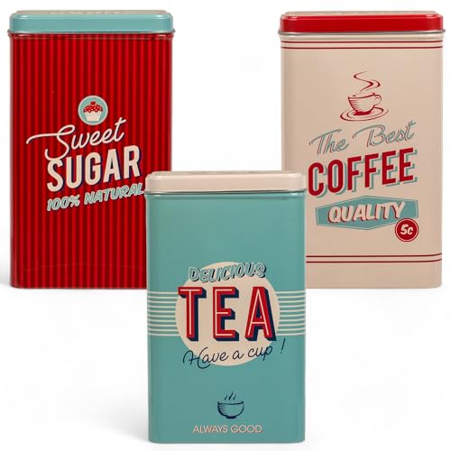 MIJOMA Juego de 3 latas de metal retro con tapa, diseño vintage – Tarros de almacenamiento para café, té, azúcar – Lata de café, té, azucarero, 19 x 11 cm (azucarero y rojo)