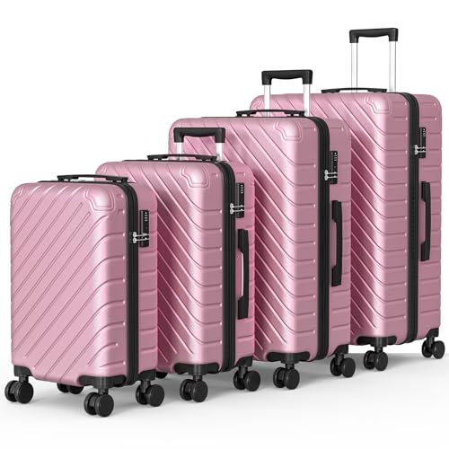 Apelila 4-Piece Expandable Suitcase Set with TSA Lock, 20% Extra Capacity, 360° Spinner Wheels, Lightweight Textured Fabric Luggage (18", 20", 24", 28") for Men and Women Travel (Pink)
