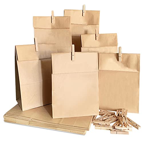 50 Braune Papiertüten 15x28x9cm Mit Aufklebern - Kraftpapier Geschenktüten Für DIY, Adventskalender & Gastgeschenke