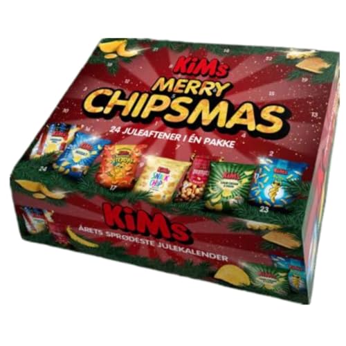 Il calendario dell'Avvento KiMs Merry Chipsmas offre una varietà di 24 snack croccanti del popolare marchio danese, perfetto per gli appassionati di snack.