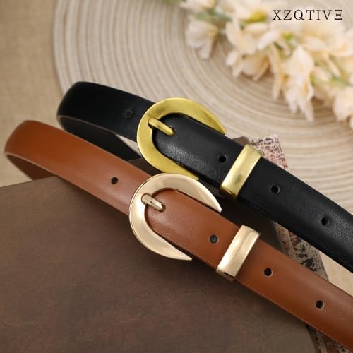 XZQTIVE Women Skinny Leather Belts for Jeans Dress Pants Fashion Ladies Thin Black Waist Belt with Gold Buckle4