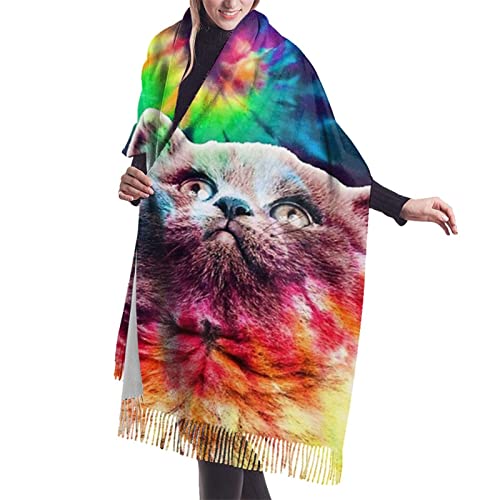 Photo de Cute Cat Tie Dye Funny Cats Cashmere Scarf for Women Men Lightweight Unisex Fashion Soft Winter Scarves Fringe Shawl Wrap