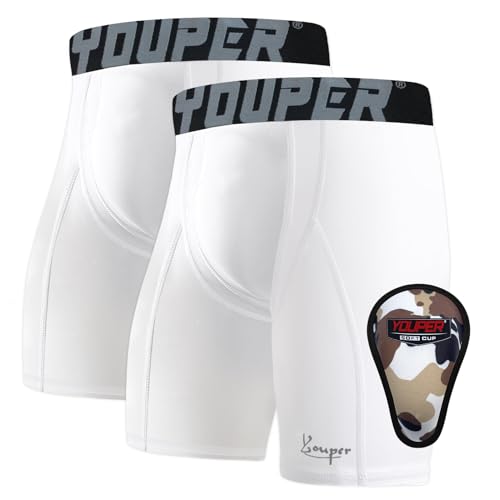 Youper Youth Boys Compression Sliding Shorts with Soft Protective Cup for Baseball Football Hockey (2-Pack)