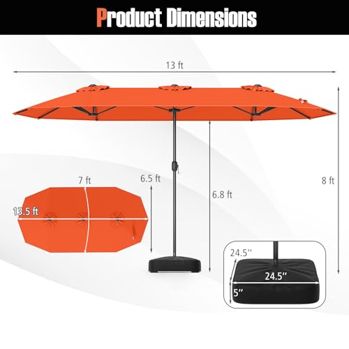Image of Tangkula 13FT Double-sided Patio Umbrella, Extra Large Twin Table Umbrella with Crank Handle, Umbrella Base, Safety Lock, Air Vent, Outdoor Market Umbrella for Garden Pool Backyard (Orange)