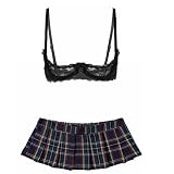 YiZYiF Damen Kostüm Schulmädchen Dessous Set Offene Brust Hebe BH Minirock Schleife Set Schoolgirls Sexy Outfit Schwarz B XL