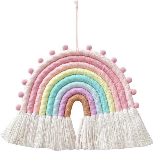 Image of Large Macrame Rainbow Wall Hanging Decor Handmade Pom Pom Garland Rainbow Decor for Kids Room Girls Bedroom Baby Shower Nursery Decorations