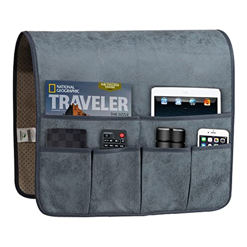 HAOMAIJIA Anti Slip Sofa Armrest Organizer Arm Chair Bedside Caddy Storage Organizer For Recliner Couch With 6 Pockets For Cell Phone Tv Remote Control Magazines (grey blue)