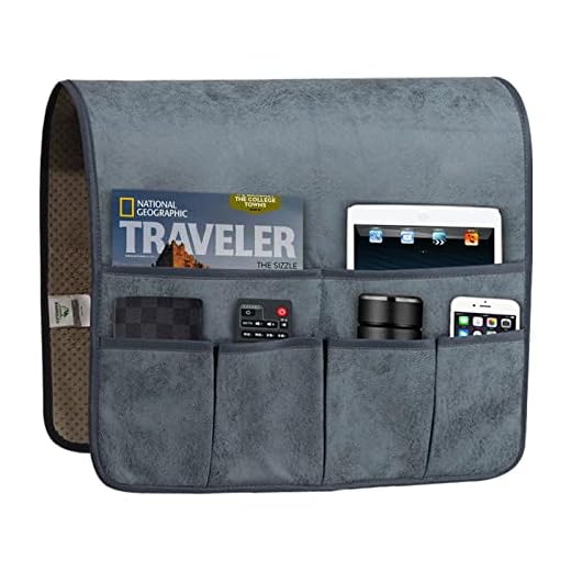 HAOMAIJIA Anti Slip Sofa Armrest Organizer Arm Chair Bedside Caddy Storage Organizer For Recliner Couch With 6 Pockets For Cell Phone Tv Remote Control Magazines (grey blue)