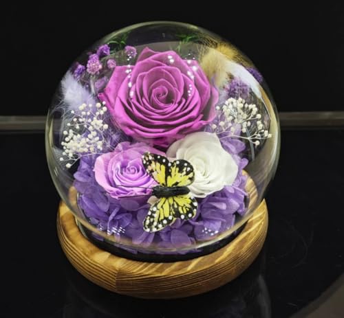Elover Preserved Roses in Glass Dome with LED Light Long Lasting Real Flowers,Forever Eternal Rose for Mother's Day,Valentine's Day,Birthday Gifts for Women (Purple Butterfly)