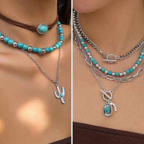 IFKM Bohemian Jewelry Set With Turquoise Necklace, Dangle Earrings, Stackable Bangle Bracelets, Knuckle Rings For Women Vintage Western Boho Turquoise Anniversary Birthday Friendship Gift2