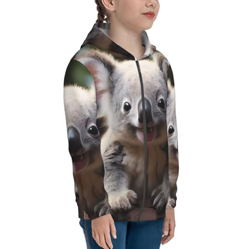 Cute Koala Print Girls Athletic Zip Up Hoodies,Sweatshirts with Pockets Long Sleeve Hooded Jackets, for 7-18 Y3