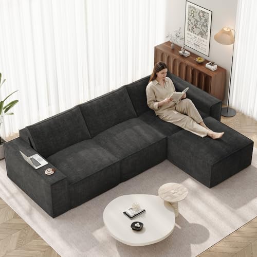Image of Vesgantti 114 inch Modular Boneless Couch, Modern 3 Seater Sectional Sofa with Ottoman & Deep Seat, Convertible Chenille L Shaped Cloud Couches for Living Room, No Assembly Required, Dark Grey