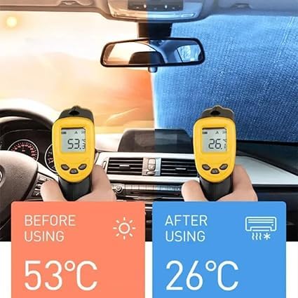Imágenes que muestran la comparación de temperaturas antes y después de utilizar el parasol para parabrisas, evidenciando la eficacia del producto.