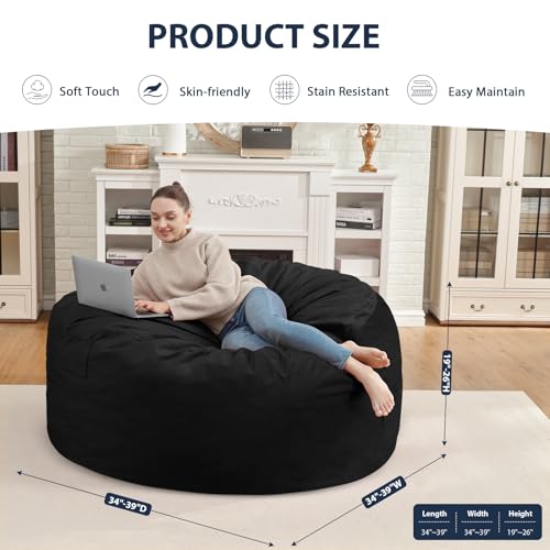 3FT Bean Bag Chair, Comfy Bean Bag Chairs with Memory Foam Filled, Fluffy Beanbag Sofa with Dutch Velvet Cover, Round BeanBag Chairs for Living Room, Playroom - Black