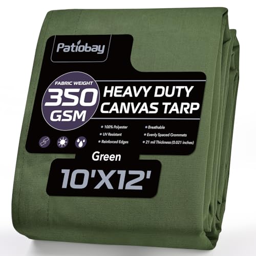 Patiobay Canvas Tarp 10x12 Feet, 12 Oz Heavy Duty Waterproof with Rustproof Grommets, UV Resistant, Multipurpose Outdoor Tarpaulin for Camping, Canopy, Woodpile, Trailer (Green)