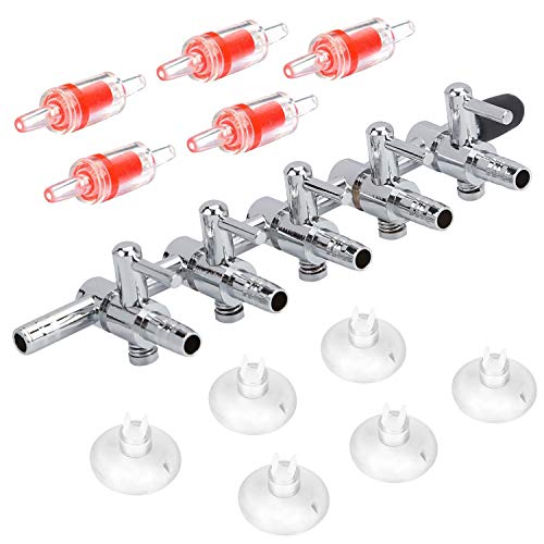 Pawfly 5-Way Aquarium Air Flow Control Lever Valve Distributor Splitter Pump Accessories Set with 5 Check Valves & 6 Suction Cups for Fish Tank