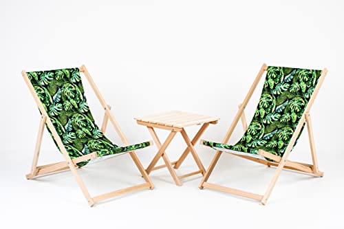 2X Tumbonas + Mesa Tumbonas de Madera, Plegables, con Funda de Tela Intercambiable Hecha de Madera de Haya Tumbona de Exteriores Plegado Sillas Jardín (BANAN Leaves)